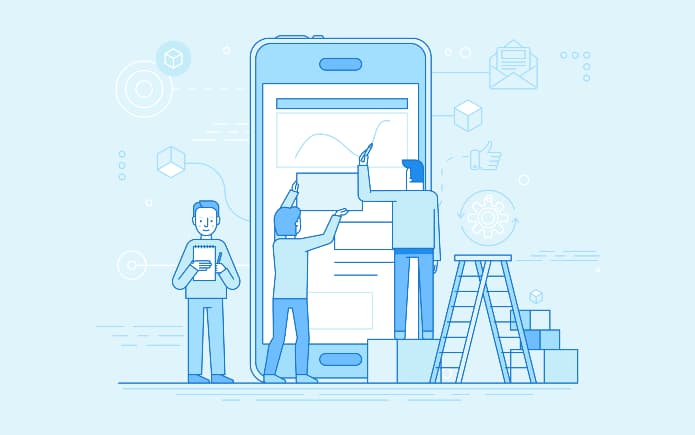 Illustration monochrome de personnes qui construit des blocs sur l'écran d'un téléphone mobile