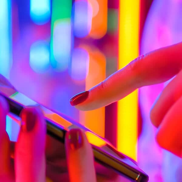 Un doigt qui appuis sur un cellulaire avec un jeu de lumière en arrière plan